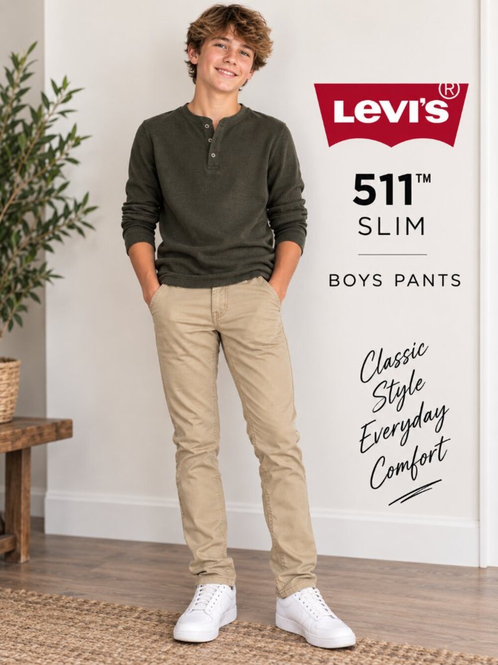 Levi's Boys 511 Slim Sueded Pants 14 Reg Khaki Tan Adjustable Waist School Tween